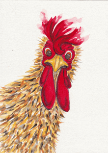 a painting of a rooster with a red comb and a yellow beak