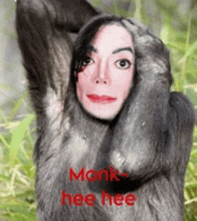 a picture of a monkey with a woman 's face and the words monk hee hee on it