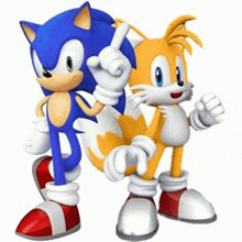 sonic and tails from the video game sonic the hedgehog are standing next to each other on a white background .