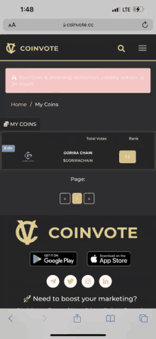 a screenshot of a website called coinvote