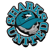 a sharks united logo with a skull wearing a blue hat