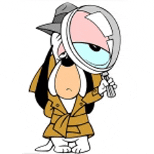 a cartoon character is holding a magnifying glass in front of his face .