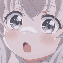 a close up of a anime girl 's face with a white nose