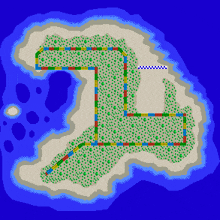 a pixelated map of a small island with a rainbow of colors