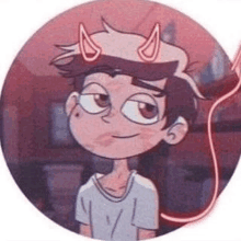 a cartoon boy with horns on his head and a tail is in a circle .