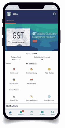 a phone screen shows the gst enabled distribution management solutions page