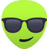 a green alien wearing sunglasses with a slight smile on his face