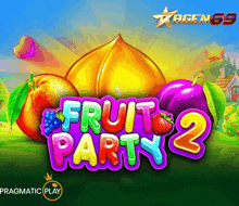 a colorful advertisement for fruit party 2 shows a peach plum and other fruits