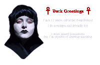 a drawing of a woman with red eyes and the words " dark greetings "