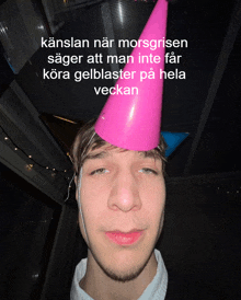 a man wearing a pink party hat with a caption that says " kanslan när morsgrisen "