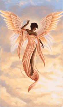 a painting of a woman with wings and a pink dress