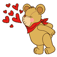 a teddy bear wearing a red scarf blowing hearts out of his mouth