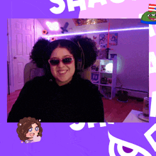 a woman wearing sunglasses and headphones is smiling in front of a purple and pink background with the word sha on it