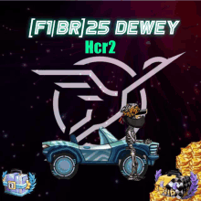 a poster for f1br25 dewey hcr2 shows a skeleton driving a car