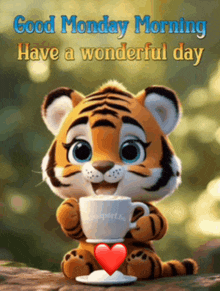 a cartoon tiger is holding a cup of coffee and says good monday morning