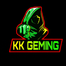 a logo for kk geming with a green hooded figure pointing at the viewer