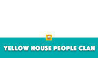 a yellow house people clan logo on a blue background