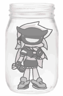 a cartoon character is in a mason jar .