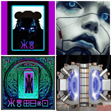 a collage of four images including one of a robotic face