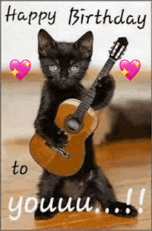 a black cat is holding a guitar with the words happy birthday to you