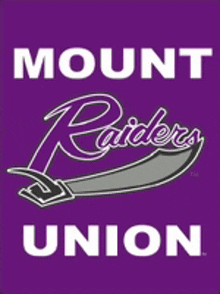 a purple poster with the mount union raiders logo on it