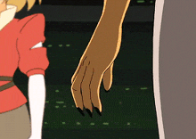 a close up of a cartoon character 's hand holding another person 's hand .