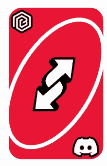 a red uno card with two arrows pointing in opposite directions on it