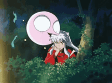 a cartoon character with a pink circle on his head and a ghost behind him