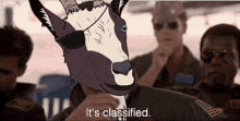 a cartoon goat says it 's classified in front of a group of men