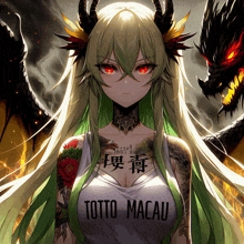 a girl with green hair is wearing a shirt that says " totto macau "