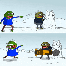 a cartoon of frogs playing in the snow