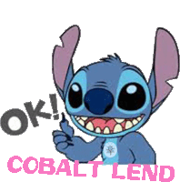 a sticker of stitch giving a thumbs up with the words ok and cobalt lend below him