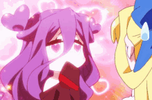 a purple anime girl with heart shaped eyes is standing next to a yellow anime character with hearts in her eyes .