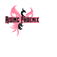 a logo for rising phoenix has a pink phoenix on it