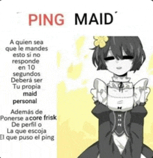 a girl in a maid outfit with a flower in her hair is standing next to a sign that says ping maid .