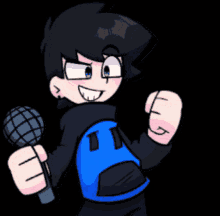 a cartoon character is holding a microphone in his right hand