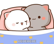 a cartoon of two cats laying next to each other with the caption ' henehene ' above them