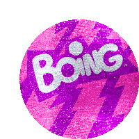 a pink and purple circle with the word boing written on it