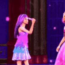 a girl with purple hair is standing next to a woman in a pink dress holding a wand .