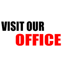 a sign that says visit our office in red letters