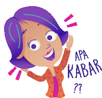 a cartoon illustration of a woman with purple hair and the words apa kabar