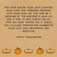 a card that says happy thanksgiving with pumpkins and pie on it