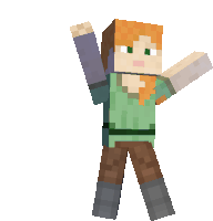 a minecraft character with a green shirt and brown pants is standing with his arms outstretched