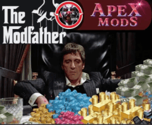 a poster for apex mods shows a man sitting in a chair