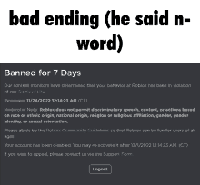 a screenshot of a page that says bad ending ( he said n-word )