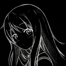 a black and white drawing of a girl with long hair looking down