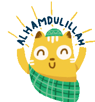 a cartoon cat wearing a green plaid shirt and a hat says alhamdulillah