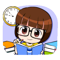 a cartoon of a girl reading a book with a clock behind her showing the time as 4:20