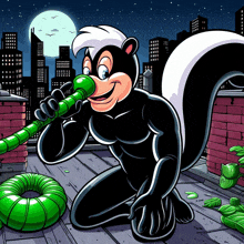 a cartoon of a skunk holding a green pipe in his mouth