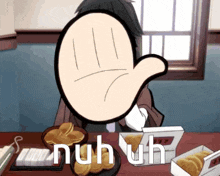 a cartoon character is sitting at a table with boxes of food and the word nuh uh on the table